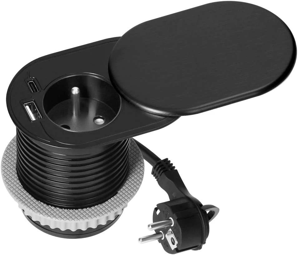 Orno Lizdas Baldų lizdas - 6 cm, įleidžiamas į stalviršį su stumdomu dangteliu, USB įkrovikliu ir 1,9 m laidu, 1x2P+Z (prancūziškas), 2xUSB (A+C tipo; PD20W), juodas