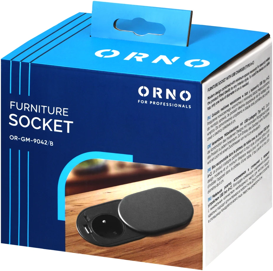 Orno Lizdas Baldų lizdas - 6 cm, įleidžiamas į stalviršį su stumdomu dangteliu, USB įkrovikliu ir 1,9 m laidu, 1x2P+Z (prancūziškas), 2xUSB (A+C tipo; PD20W), juodas