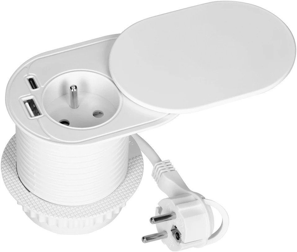 Orno Lizdas meblowe -6cm, wpuszczane w blat su przesuwną pokrywką, ładowarką USB i przewodem 1,9m, 1x2P+Z (French), 2xUSB (typ A+C; PD20W), balta