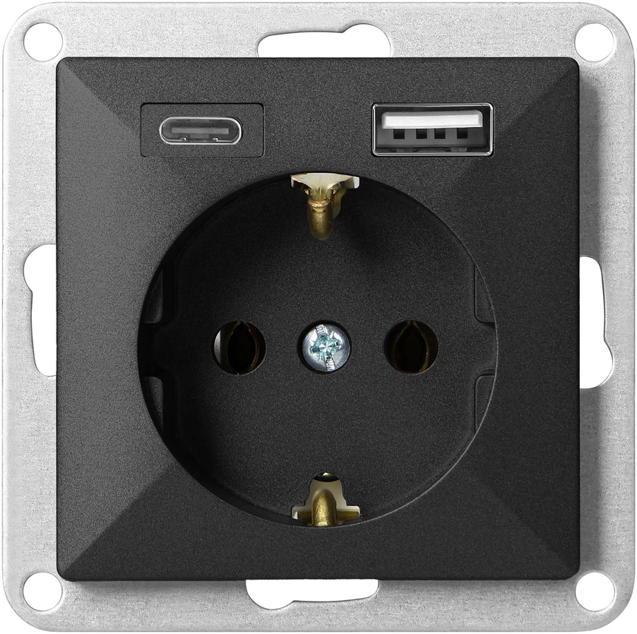 Gniazdo Lizdas Lizdas su 2P+Z, Schuko, su USB A+C įkrovikliu Pearl, 16 A, 250 V, PT-17P/USB A+C, juodas