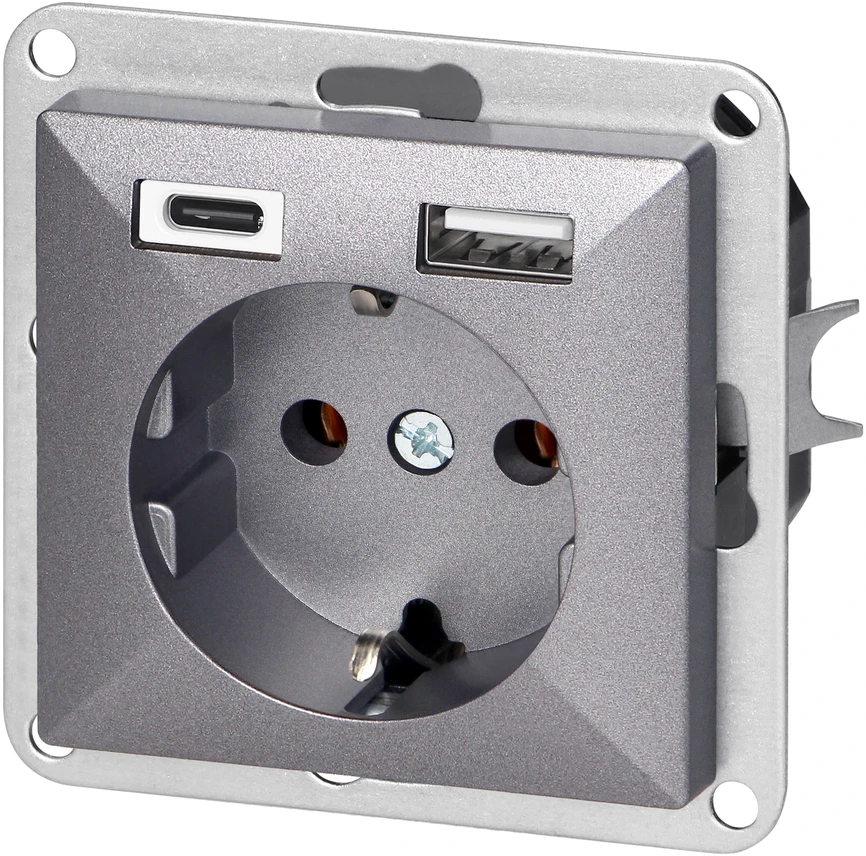 Gniazdo Lizdas Lizdas su 2P+Z lizdu, Schuko, su USB A+C įkrovikliu Pearl, 16 A, 250 V, PT-17P/USB A+C, antracito spalvos
