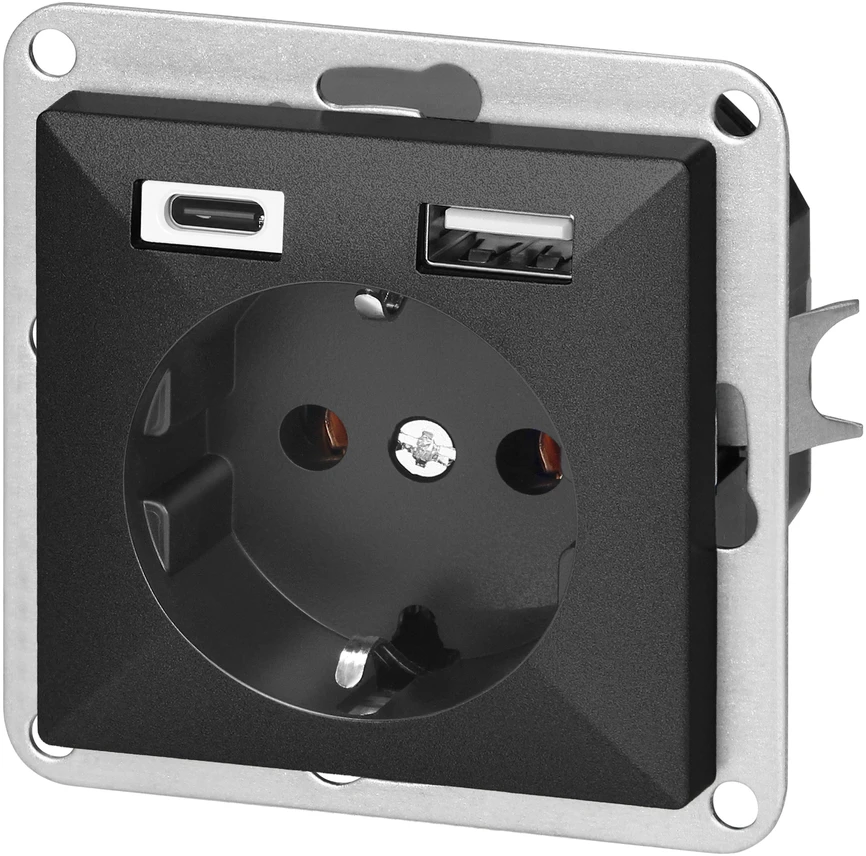 Gniazdo Lizdas Lizdas su 2P+Z, Schuko, su USB A+C įkrovikliu Pearl, 16 A, 250 V, PT-17P/USB A+C, juodas