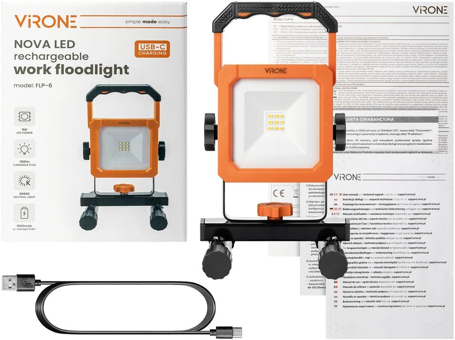 Orno NOVA LED 9W, nešiojamas prožektorius su baterija, 700lm, IP54, 4000K, 1800mAh