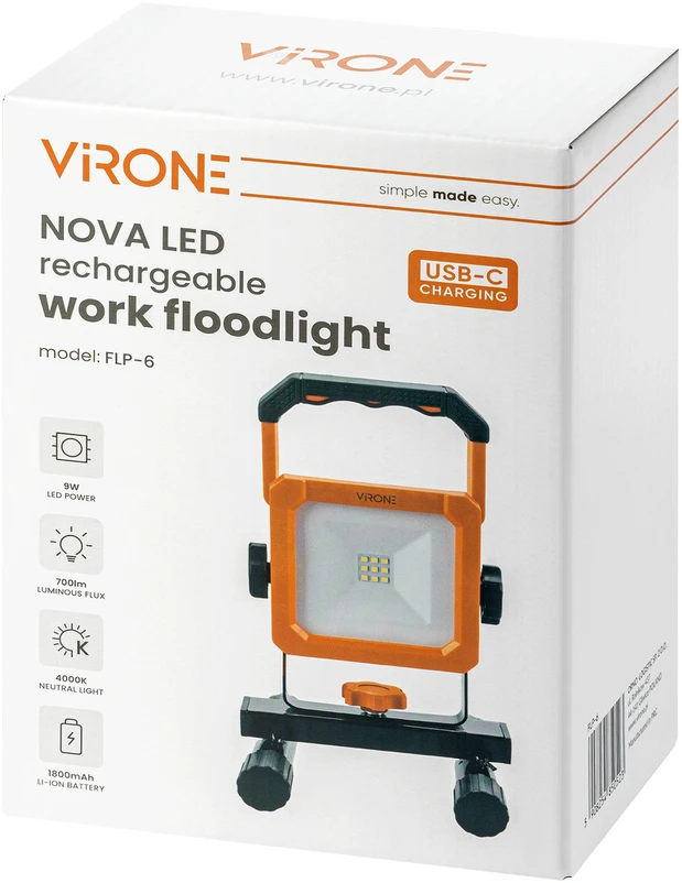 Orno NOVA LED 9W, nešiojamas prožektorius su baterija, 700lm, IP54, 4000K, 1800mAh