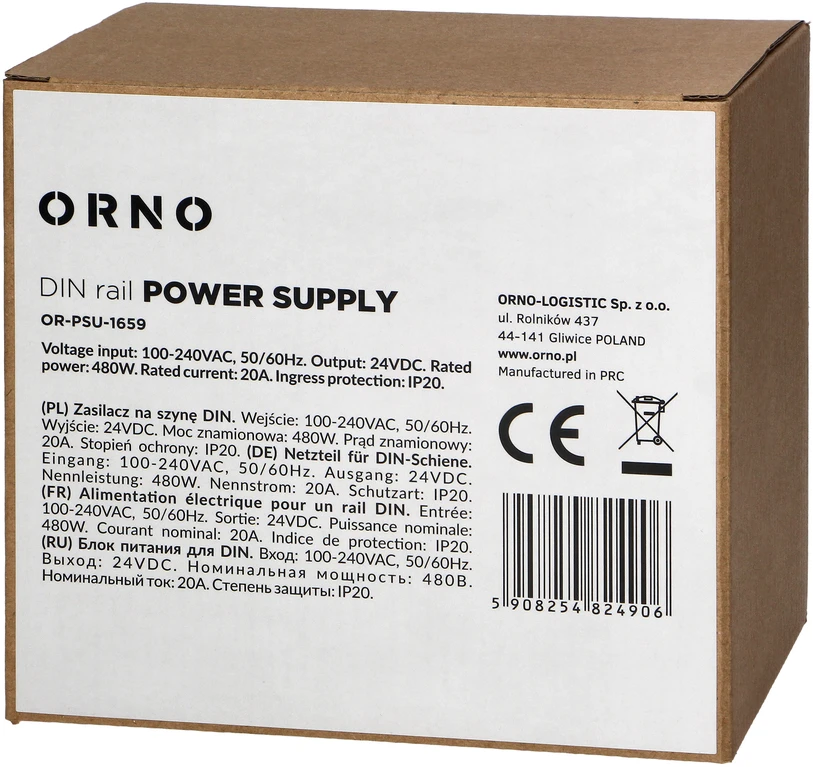 Orno Maitinimo šaltinis Pramoninis maitinimo šaltinis, DIN bėgelis, 24 V nuolatinės srovės, 20 A, 480 W, metaliniame korpuse