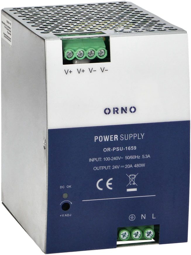Orno Maitinimo šaltinis Pramoninis maitinimo šaltinis, DIN bėgelis, 24 V nuolatinės srovės, 20 A, 480 W, metaliniame korpuse
