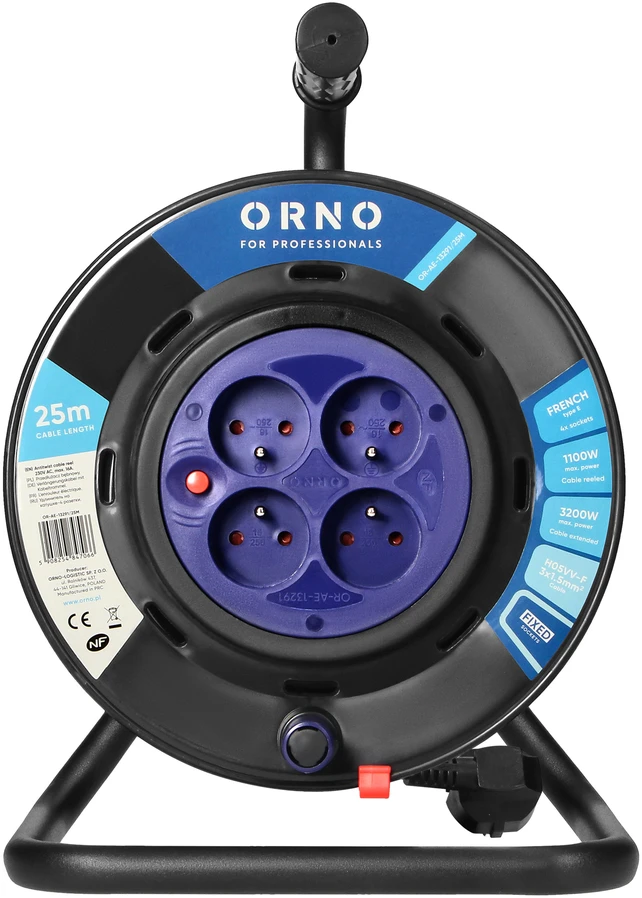 Orno prailginimo laido ritė, 4 lizdai 2P+Z, PVC kabelis H05VV-F 3x1,5mm-, ilgis 25m, fiksuoti lizdai, šiluminė apsauga, srovės kelio sklendės.