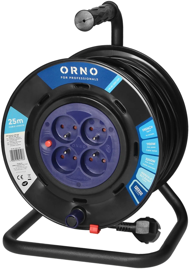 Orno prailginimo laido ritė, 4 lizdai 2P+Z, PVC kabelis H05VV-F 3x1,5mm-, ilgis 25m, fiksuoti lizdai, šiluminė apsauga, srovės kelio sklendės.