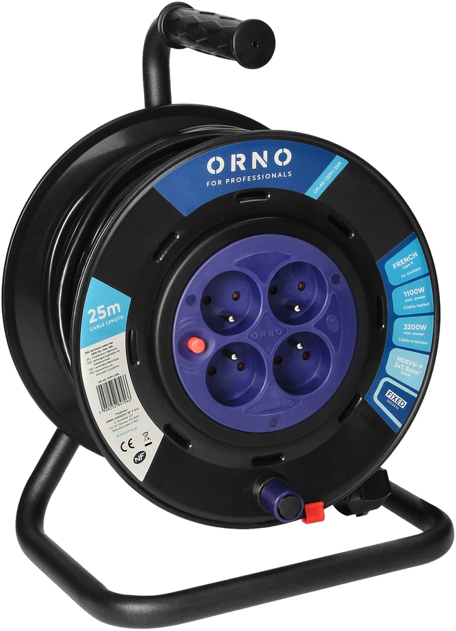 Orno prailginimo laido ritė, 4 lizdai 2P+Z, PVC kabelis H05VV-F 3x1,5mm-, ilgis 25m, fiksuoti lizdai, šiluminė apsauga, srovės kelio sklendės.