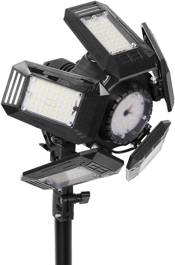 Orno RIGEL LED rinkinys: 55 W sulankstomas 5 sparnų dirbtuvių šviestuvas + stovas + adapteris