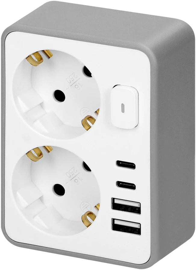 Orno Rozgałęźnik 2x 2P+Z, Schuko, su įkrovikliu 2x USB-A + 2x USB-C, maks. 3,4 A, 17 W, balta ir pilka