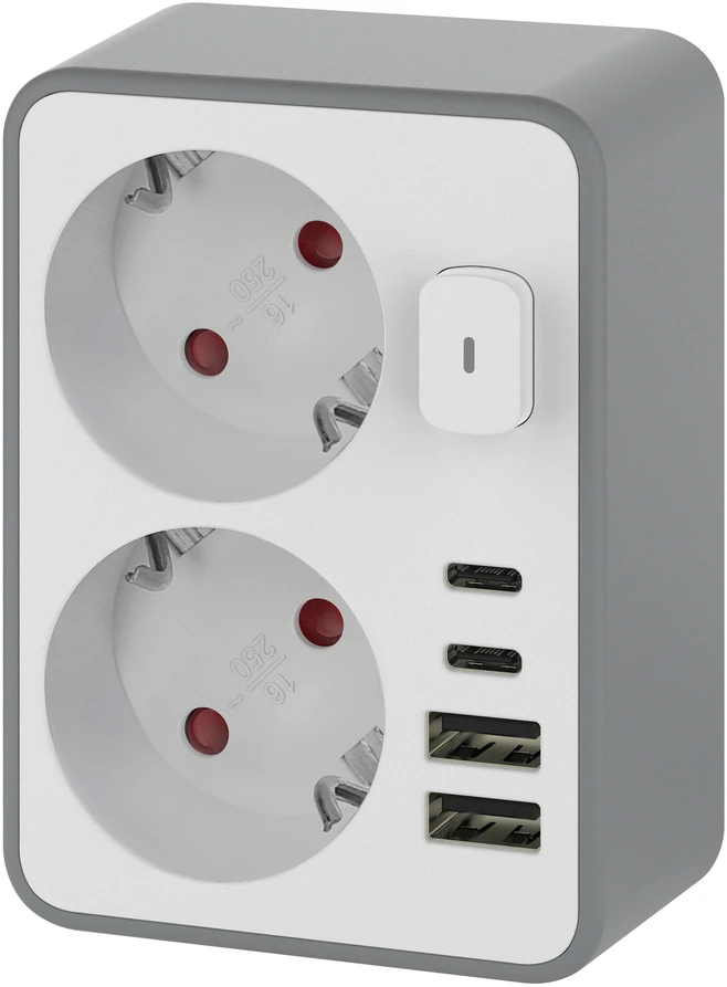 Orno Rozgałęźnik 2x 2P+Z, Schuko, su ładowarką 2x USB-A + 2x USB-C, max. 3,4 A, 17 W, balta ir-pilka