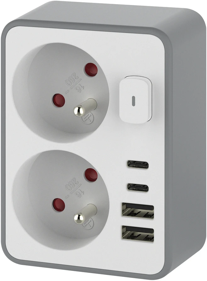 Orno Rozgałęźnik 2x 2P+Z, su ładowarką 2x USB-A + 2x USB-C, max. 3,4 A, 17 W, balta ir-pilka