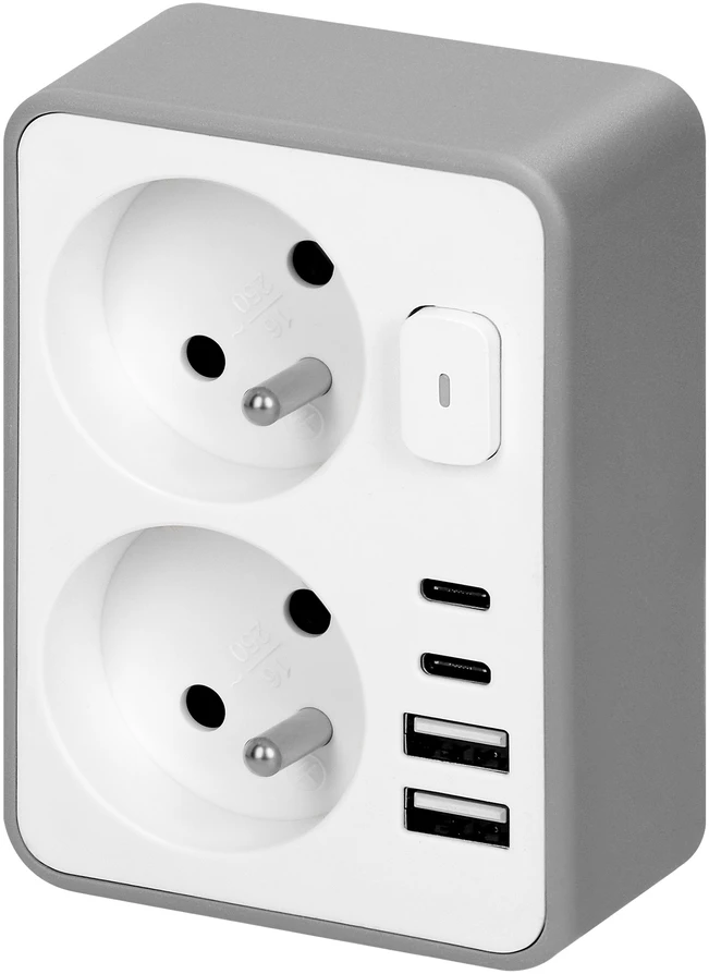 Orno Rozgałęźnik 2x 2P+Z, su įkrovikliu 2x USB-A + 2x USB-C, maks. 3,4 A, 17 W, balta ir pilka