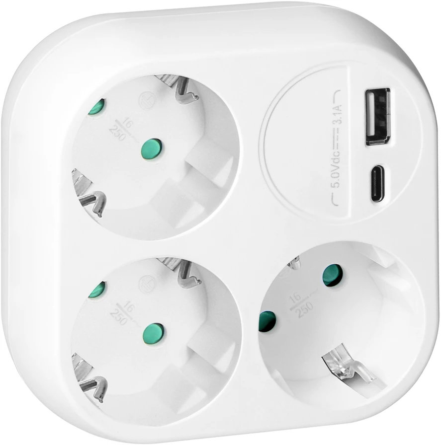 Orno Skirstytuvas 3x2P+Z, Schuko, su USB-A+C įkrovikliu, 15,5 W, balta