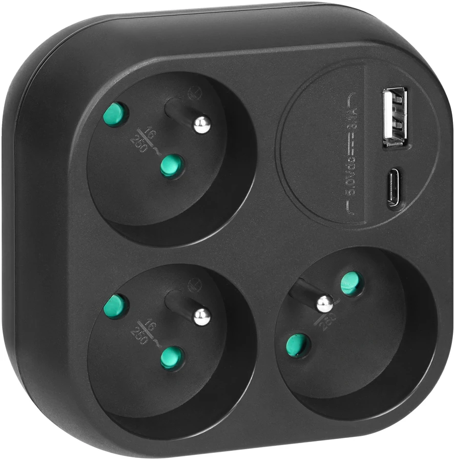 Orno Šakotuvas 3x2P+Z su USB-A+C įkrovikliu, 15,5 W, juodas