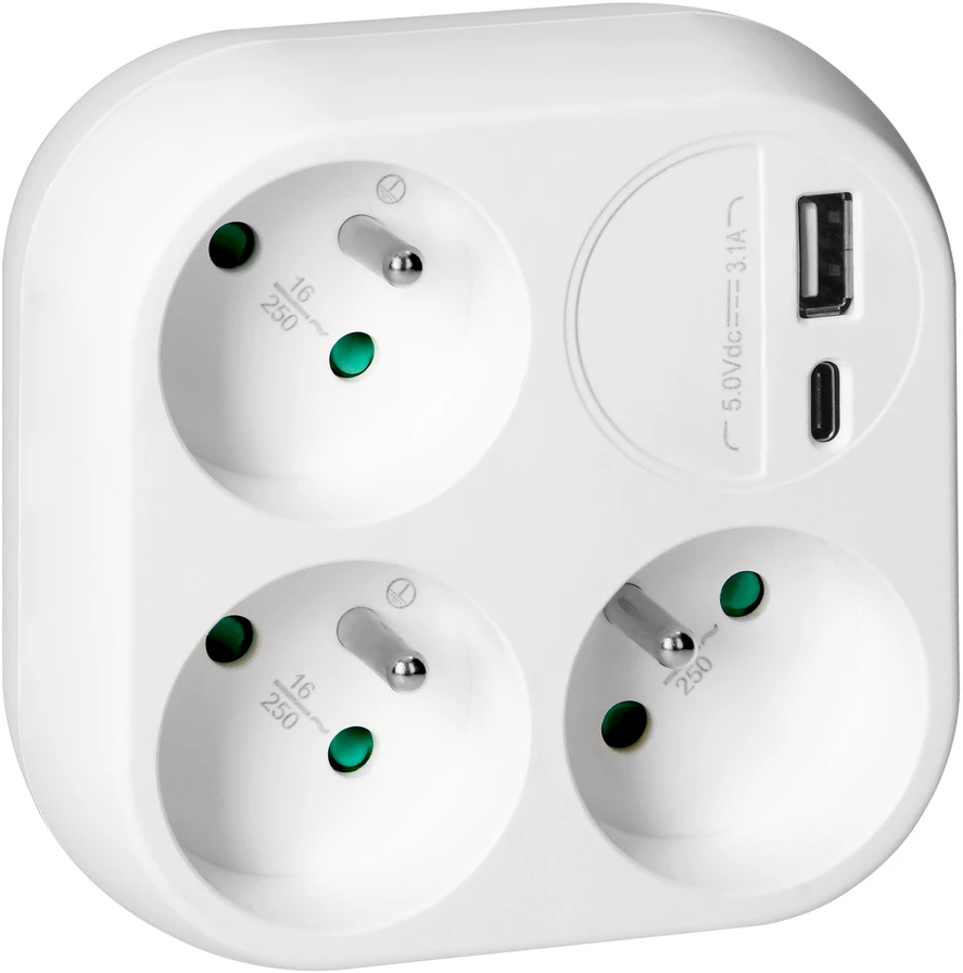 Orno Šakotuvas 3x2P+Z su USB-A+C įkrovikliu, 15,5 W, balta