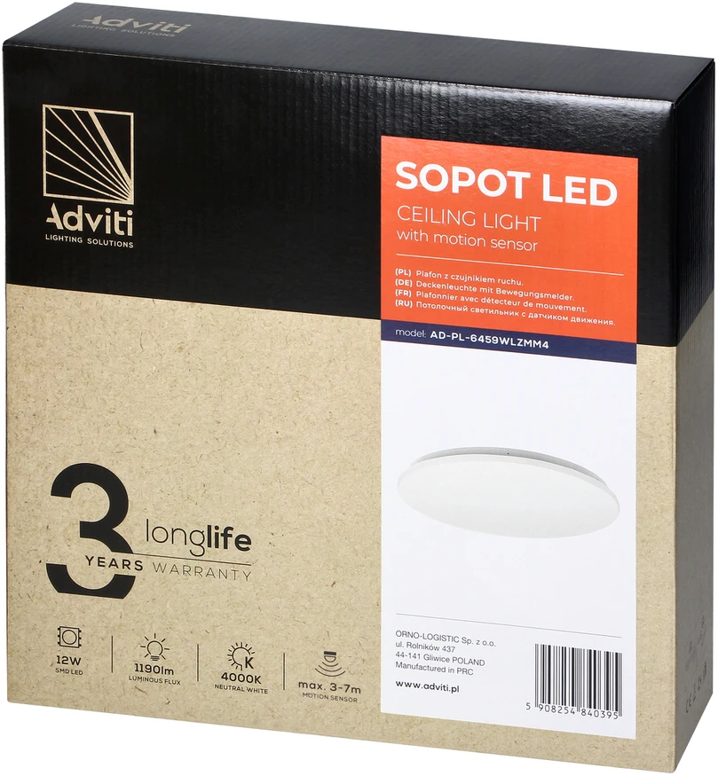 Orno SOPOT LED 12W, lubinis šviestuvas su mikrobangų judesio jutikliu, 1190lm, IP20, 4000K, PVC gaubtas