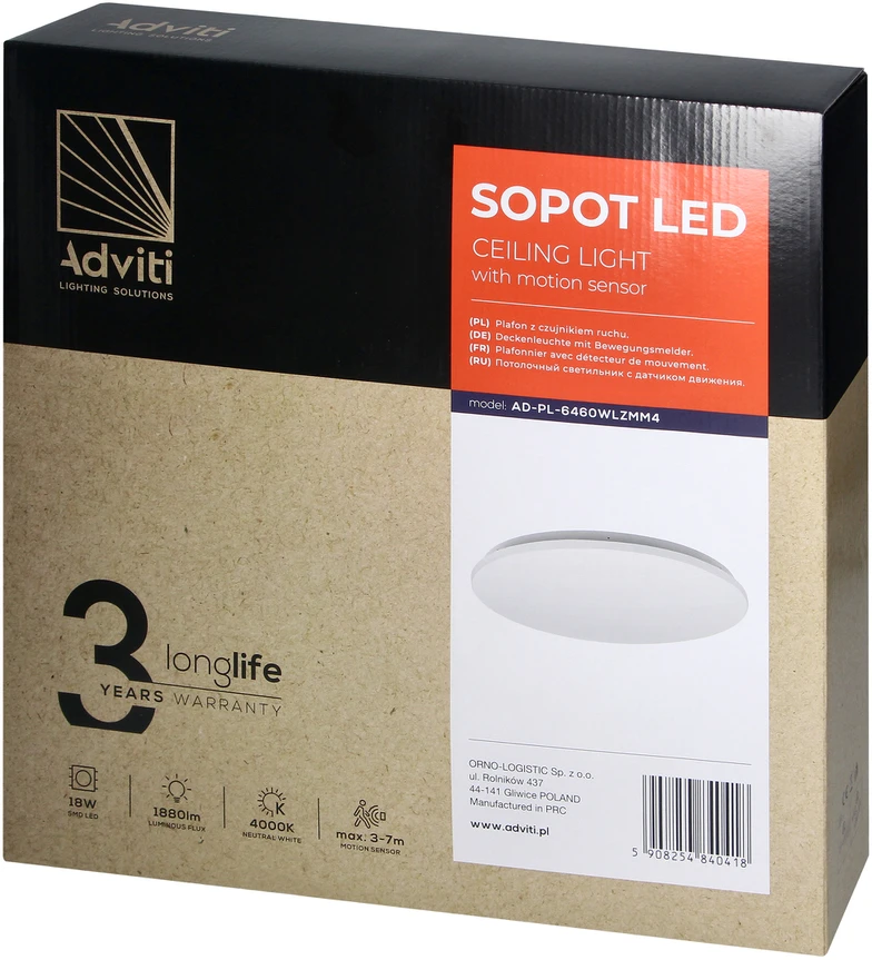 Orno SOPOT LED 18W, lubinis šviestuvas su mikrobangų judesio jutikliu, 1880lm, IP20, 4000K, PVC gaubtas