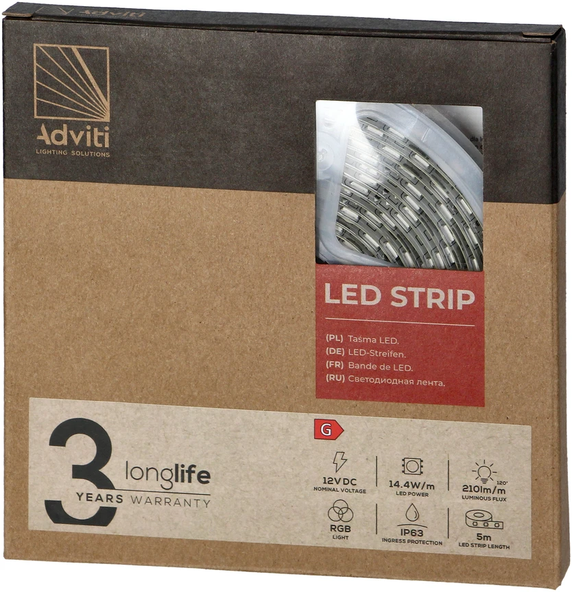 Orno Taśma LED juosta 12V, 5050, 60L/m, 210lm/m, 14.4W/m, IP63, RGB, 5m