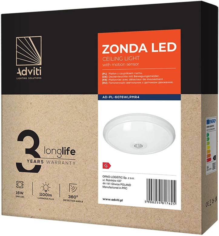 ZONDA LED 16W, lubinis šviestuvas su judesio jutikliu, 1100lm, IP20, 4000K, pieniškas polikarbonatas, baltas