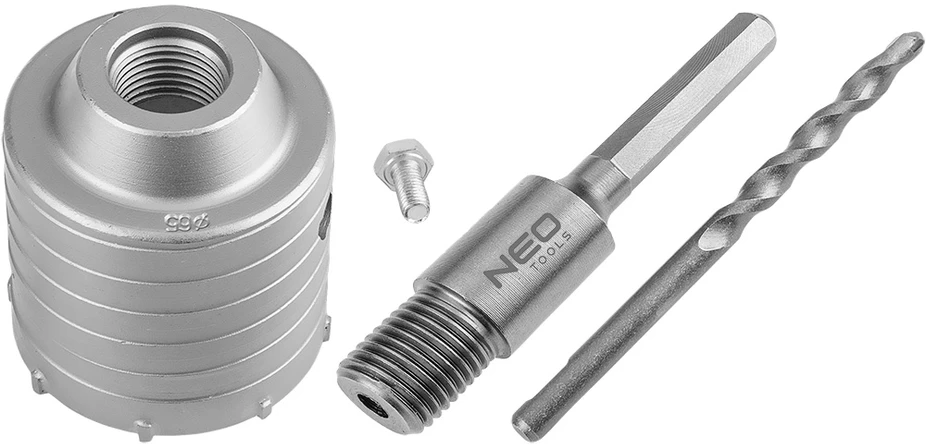 Otwornica 65 mm karbido skylių pjūklas su šešiakampiu adapteriu ir centravimo grąžtu