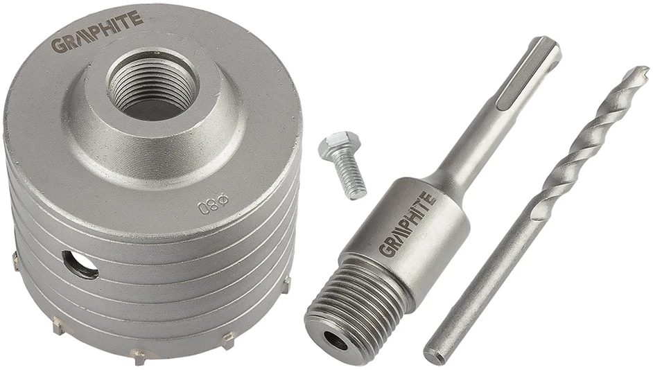 Otwornica 80 mm karbido skylių pjūklas su SDS+ adapteriu ir centravimo grąžtu