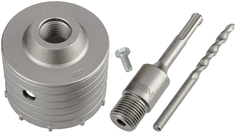 Otwornica 80 mm karbido skylių pjūklas su SDS+ adapteriu ir centravimo grąžtu