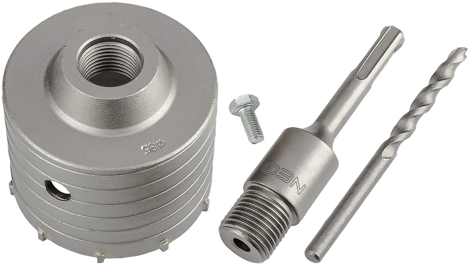 Otwornica 85 mm karbido skylių pjūklas su SDS+ adapteriu ir centravimo grąžtu