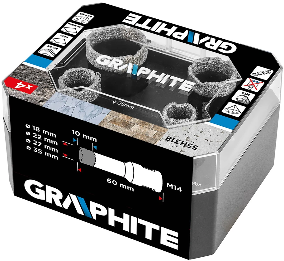 Grąžtas Graphite Otwornice Deimantiniai skylių pjūklai (18, 22, 27, 35 mm), 4 vnt. rinkinys