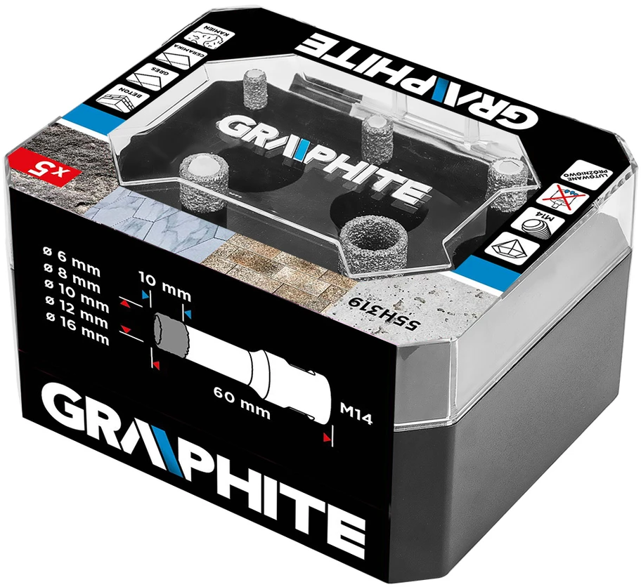 Grąžtas Graphite Otwornice Deimantiniai skylių pjūklai (6, 8, 10, 12, 16 mm), 5 vnt. rinkinys