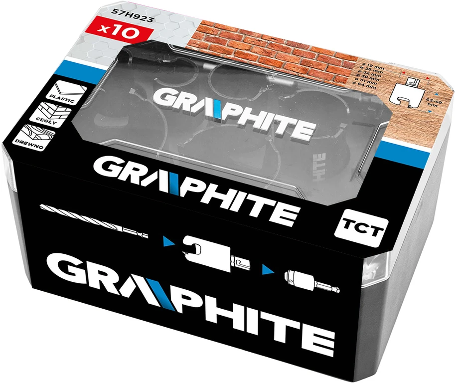 Grąžtas Graphite Otwornice Plieniniai skylių pjūklai su kietlydinio antgaliu (19, 25, 32, 38, 51, 64 mm), 10 dalių rinkinys