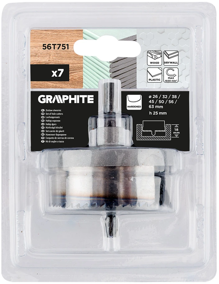 Otwornice Skylėms gręžti medienai 26–63 mm, aukštis 25 mm, grūdinti dantys, 7 vnt. rinkinys