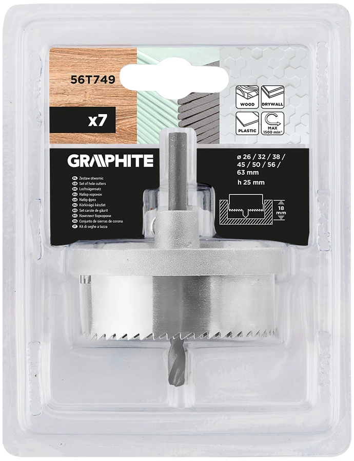 Otwornice Skylėms gręžti medienai 26–63 mm, aukštis 25 mm, 7 vnt. rinkinys