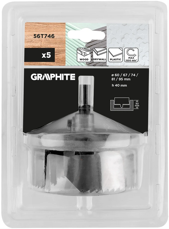 Otwornice Skylėms gręžti medienai 60–95 mm, aukštis 40 mm, 5 vnt. rinkinys