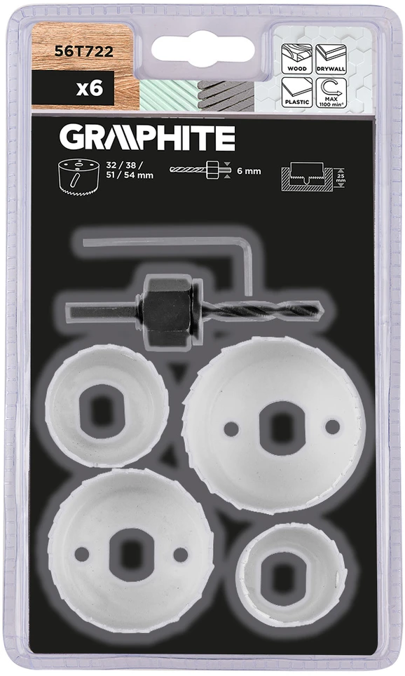 Otwornice Skylėms gręžti skirti pjūklai su adapteriu, 32–54 mm, 6 vnt. rinkinys