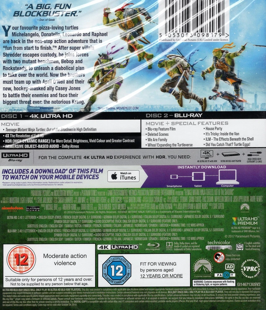 Paaugliai mutantai nindzių vėžliai: iš šešėlių (4K Blu-Ray)