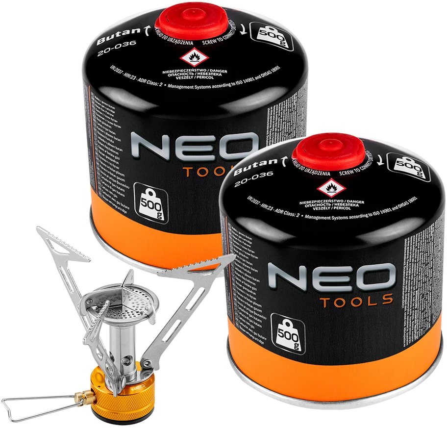 Neo Tools Palnik Turistinis dujų degiklis + 2 dujų balionėliai 20-036