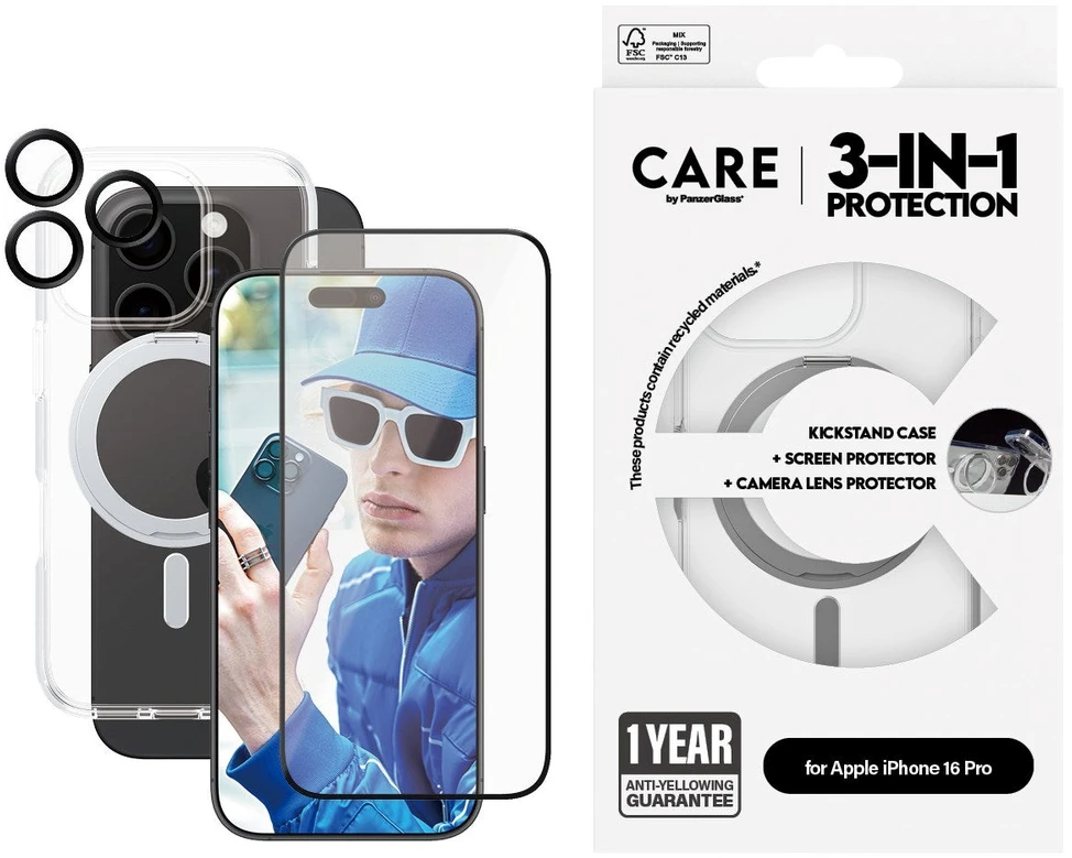 Panzer Glass „CARE by PanzerGlass“ – 3 viename apsaugos rinkinys – suderinamas su „MagSafe“ – „iPhone 16 Pro“