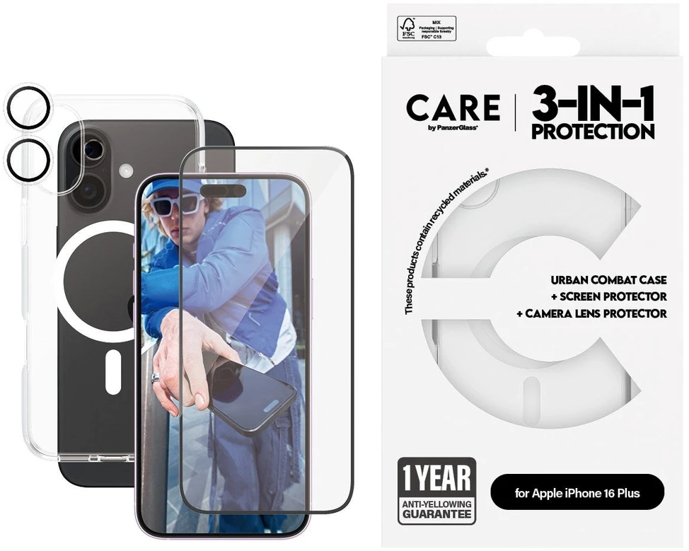 Panzer Glass „CARE by PanzerGlass“ – 3 viename flagmanų rinkinys – „iPhone 16 Plus“