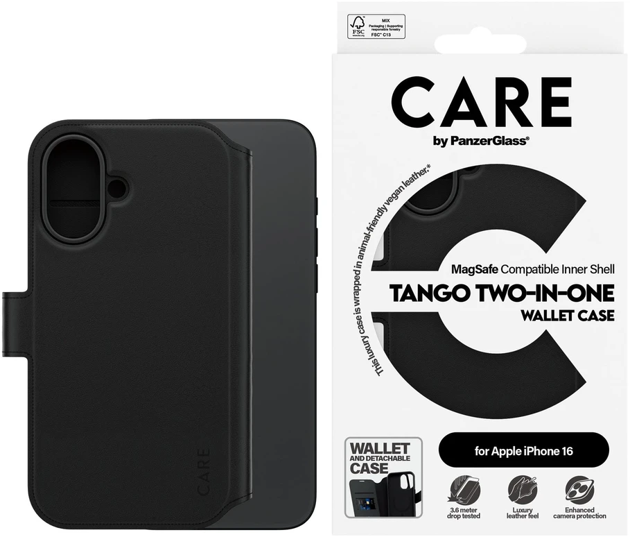 Panzer Glass Care by PanzerGlass Feature Tango 2in1 Atverčiamas Apple iPhone 16 6.1" MagSafe dėklas telefonui juodos spalvos 1329