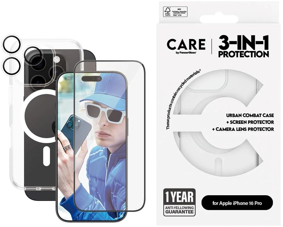 Panzer Glass „CARE by PanzerGlass“ – flagmaninis 3 viename rinkinys – „iPhone 16 Pro“