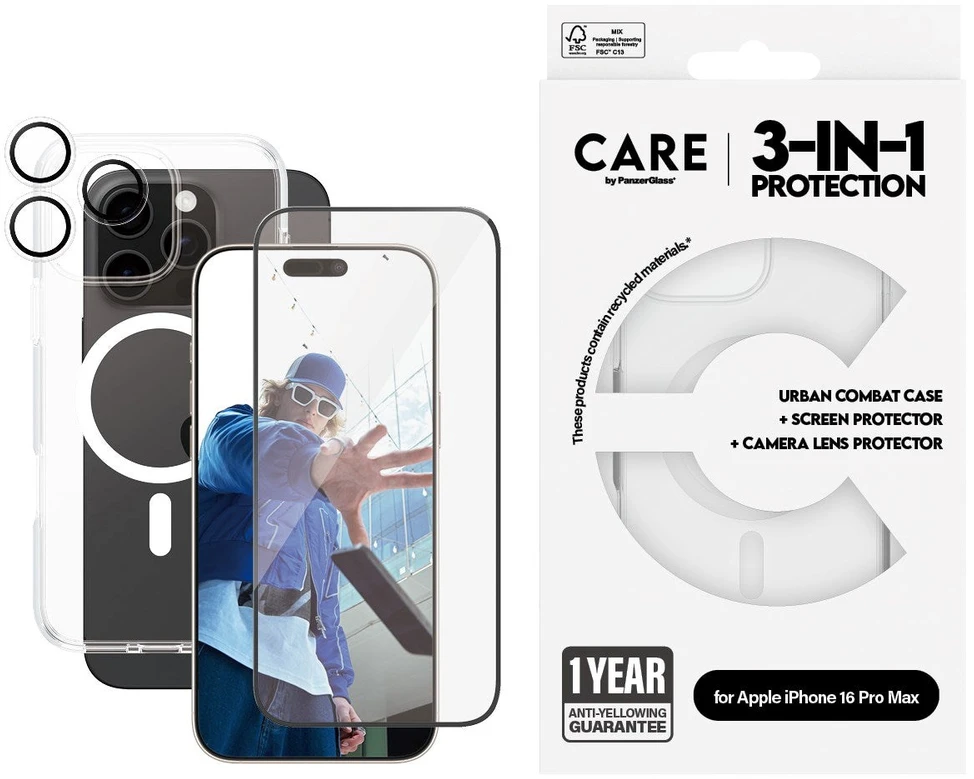 Panzer Glass „CARE by PanzerGlass“ – flagmaninis 3 viename rinkinys – „iPhone 16 Pro Max“