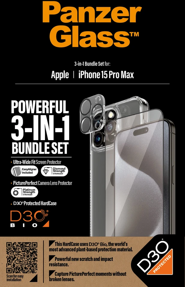 Panzer Glass PanzerGlass Bundle 3in1 set dėklas telefonui skaidrus + plėvelė + kameros apsauga Apple iPhone 15 Pro Max