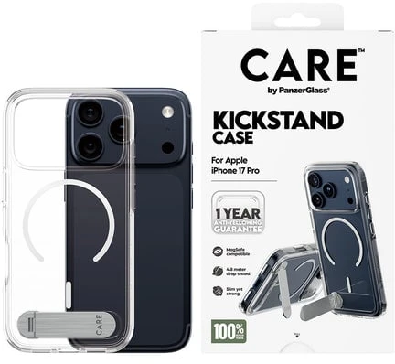 Panzer Glass „CARE by PanzerGlass“ apsauginis dėklas su atramėle „MagSafe“, skirtas „iPhone 17 Pro“ – skaidrus