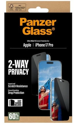 Panzer Glass „PanzerGlass“ – dvipusis ekrano apsauginis elementas, apsaugantis nuo privatumo, „iPhone 17 Pro“ – UWF su „EasyAligner“