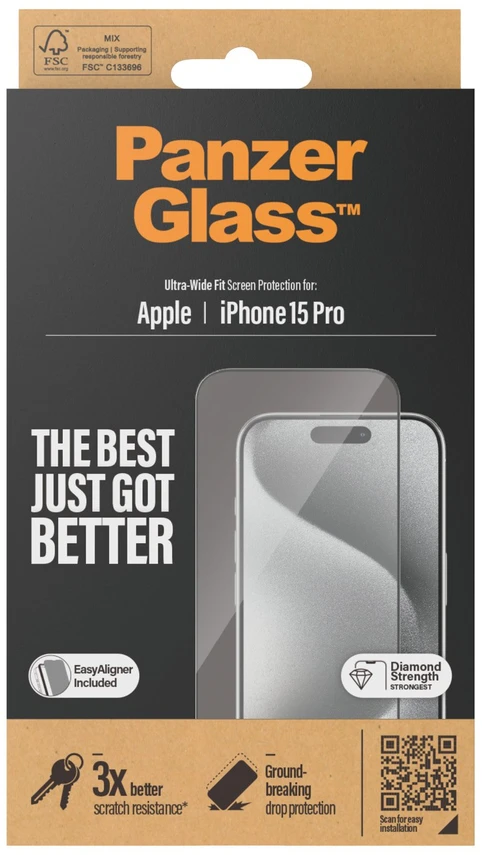 Panzer Glass „PanzerGlass“ – ekrano apsauga „iPhone 15 Pro“ – itin platus pritaikymas su „EasyAligner“