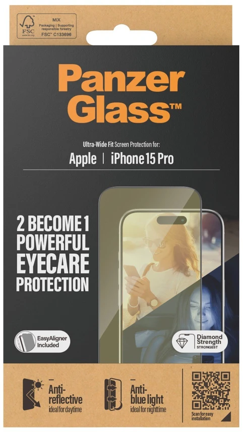 Panzer Glass PanzerGlass | Ekrano apsauga | Apple | iPhone 15 Pro | Stiklas | Išvalyti | Itin platus pritaikymas; Lengvas montavimas; Atsparus pirštų atspaudams; Anti-mėlynas šviesa; Neatspindintis; Apsaugo nuo pageltimo | Akių priežiūra