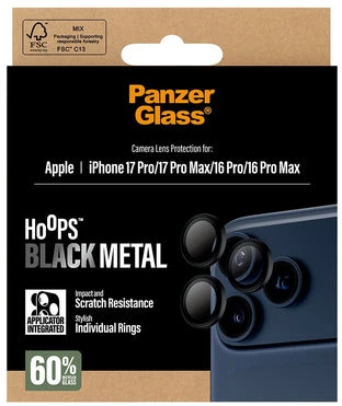 Panzer Glass „PanzerGlass“ – juodas „Hoops“ fotoaparato objektyvo apsauginis dėklas – „iPhone 17 Pro“ / „iPhone 17 Pro Max“ / „iPhone 16 Pro“ / „iPhone 16 Pro Max“