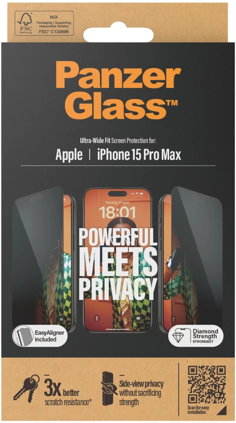 Panzer Glass „PanzerGlass“ – privatumo ekrano apsauga „iPhone 15 Pro Max“ – itin platus pritaikymas su „EasyAligner“